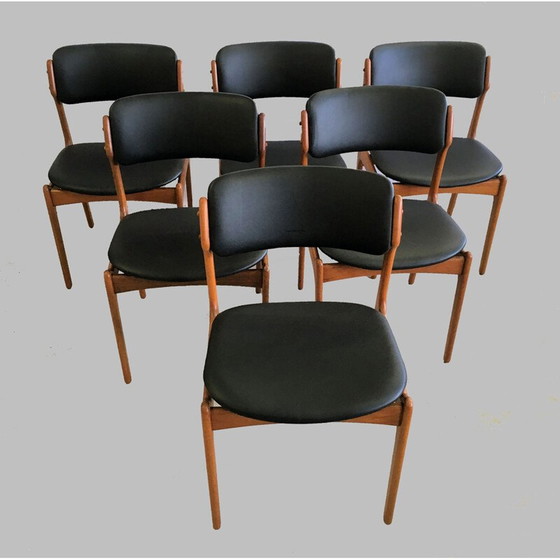 Image 1 of Set van 6 vintage eetkamerstoelen in zwart leer en teak van Erik Buch voor Oddense Maskinsnedkeri, 1960