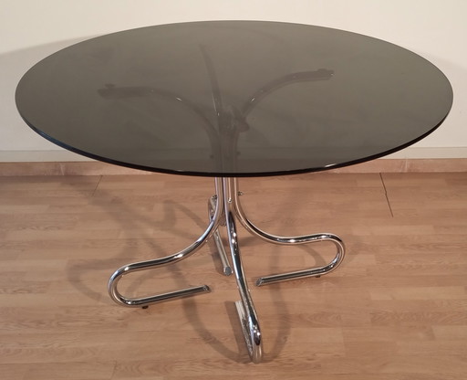 Italiaanse Mid Century Chroom en Staal Salontafel met Rond Rookglazen Blad, 1960