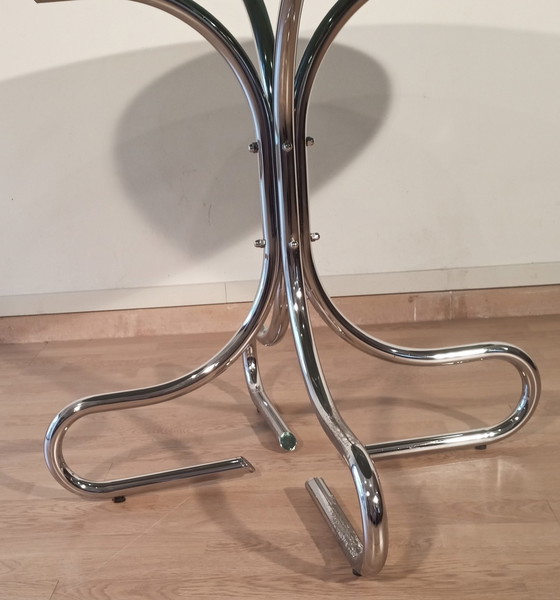 Image 1 of Italiaanse Mid Century Chroom en Staal Salontafel met Rond Rookglazen Blad, 1960