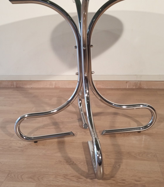 Image 1 of Italiaanse Mid Century Chroom en Staal Salontafel met Rond Rookglazen Blad, 1960