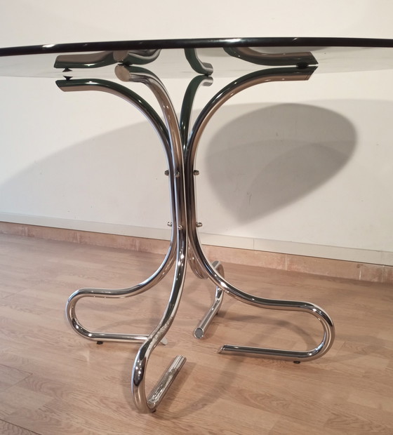 Image 1 of Italiaanse Mid Century Chroom en Staal Salontafel met Rond Rookglazen Blad, 1960