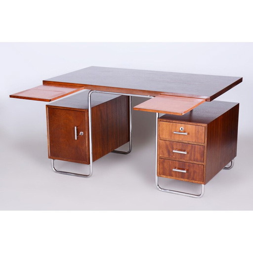 Vintage beuken en verchroomd stalen bureau door Hynek Gottwald, Tsjecho-Slowakije 1930
