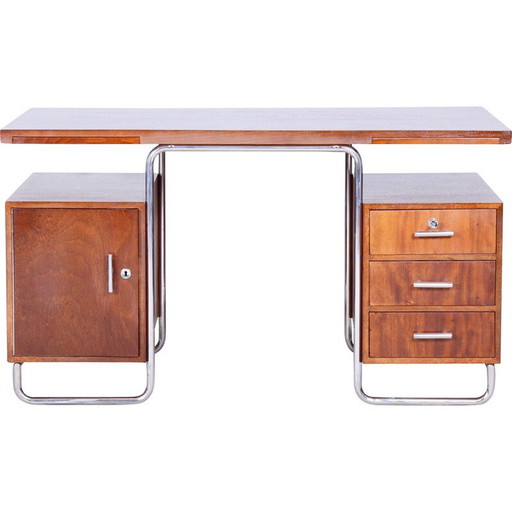 Vintage beuken en verchroomd stalen bureau door Hynek Gottwald, Tsjecho-Slowakije 1930