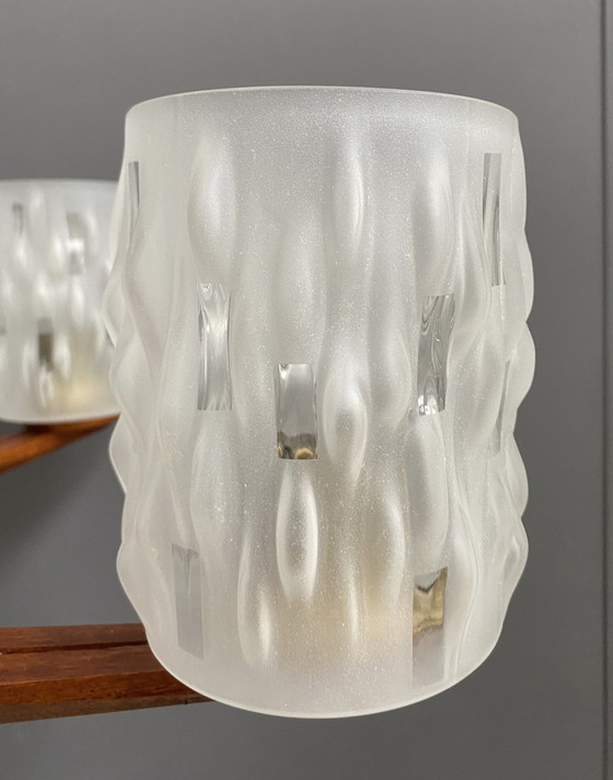 Image 1 of Teak plafondlamp / hanglamp 6 glazen kappen 1960S