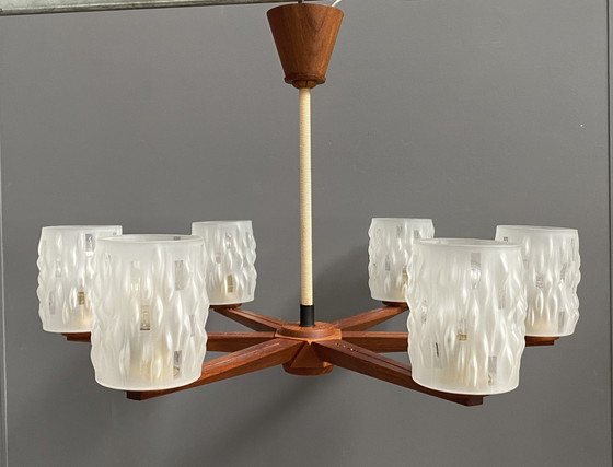 Image 1 of Teak plafondlamp / hanglamp 6 glazen kappen 1960S