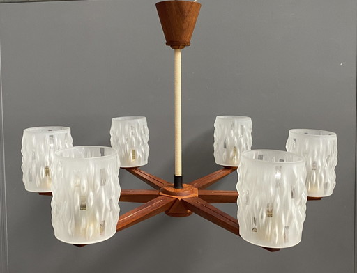 Teak plafondlamp / hanglamp 6 glazen kappen 1960S