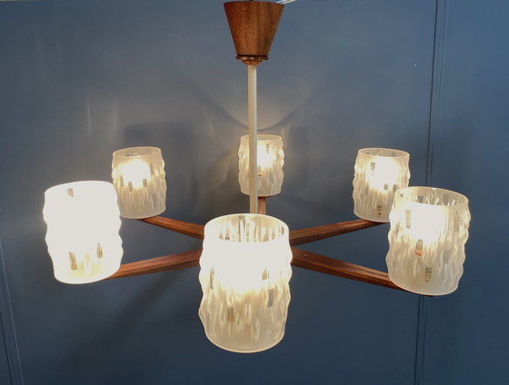 Image 1 of Teak plafondlamp / hanglamp 6 glazen kappen 1960S