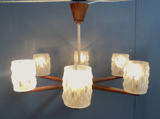 Image 1 of Teak plafondlamp / hanglamp 6 glazen kappen 1960S