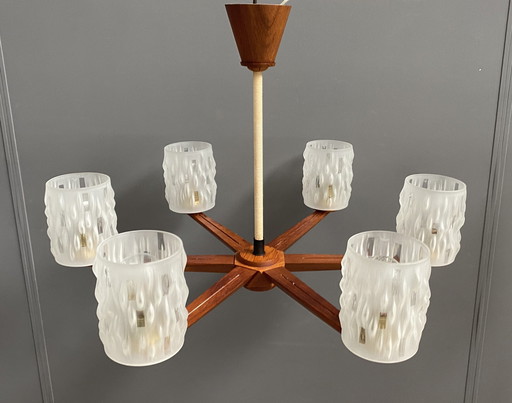 Teak plafondlamp / hanglamp 6 glazen kappen 1960S