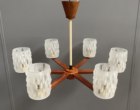 Image 1 of Teak plafondlamp / hanglamp 6 glazen kappen 1960S