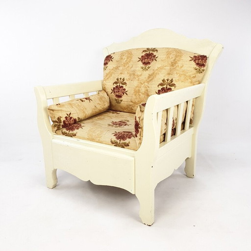 Vintage houten fauteuil met bloemen 1980