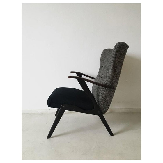 Image 1 of Zwart met grijze wingback stoel - jaren 1950