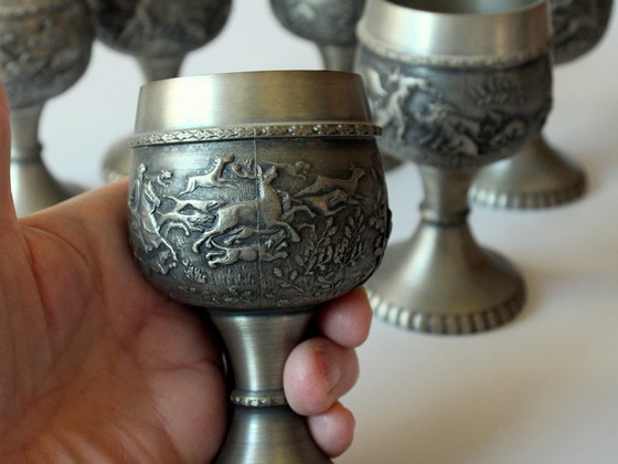 Image 1 of 6 tinnen bekers - Wijnglazen - Wijnglazen gemaakt van puur tin - Vintage
