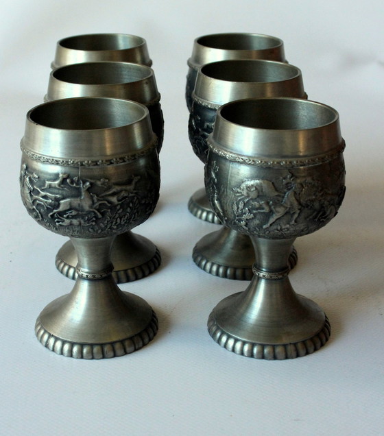 Image 1 of 6 tinnen bekers - Wijnglazen - Wijnglazen gemaakt van puur tin - Vintage