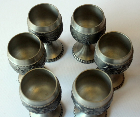 Image 1 of 6 tinnen bekers - Wijnglazen - Wijnglazen gemaakt van puur tin - Vintage