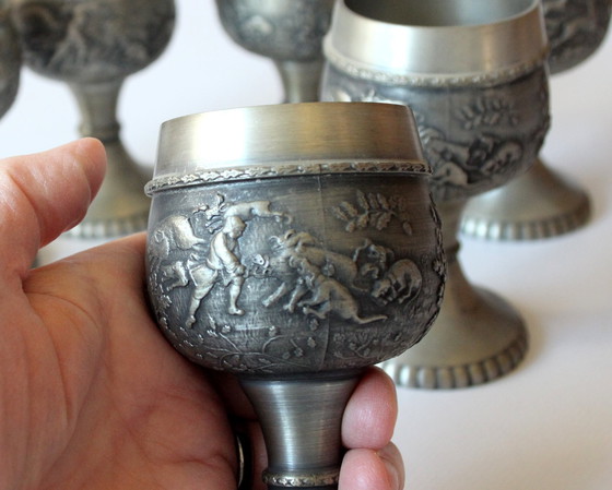 Image 1 of 6 tinnen bekers - Wijnglazen - Wijnglazen gemaakt van puur tin - Vintage