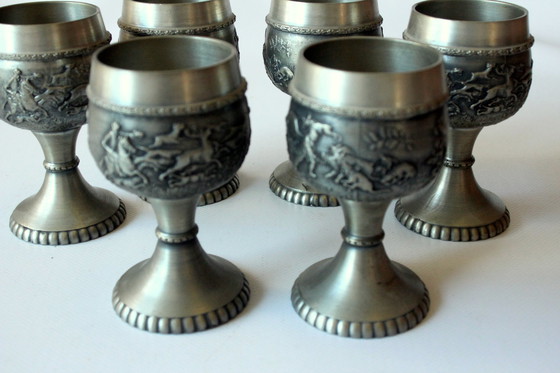 Image 1 of 6 tinnen bekers - Wijnglazen - Wijnglazen gemaakt van puur tin - Vintage