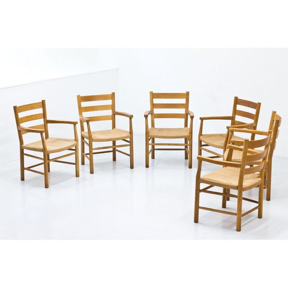 Set van 6 vintage Deense eiken en papieren koord fauteuils door Viggo Hardie-Fischer Denemarken 1950 (photo 5 of 10)