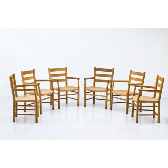 Set van 6 vintage Deense eiken en papieren koord fauteuils door Viggo Hardie-Fischer Denemarken 1950 (photo 2 of 10)