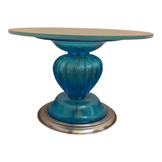 Image 1 of 1980S Italiaans Venetiaans blauw en zilver Murano glazen salontafel