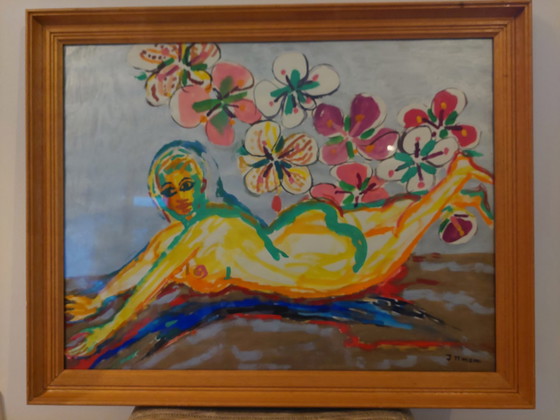 Image 1 of Hans Ittmann 'vrouwelijk naakt met bloemen' schilderij