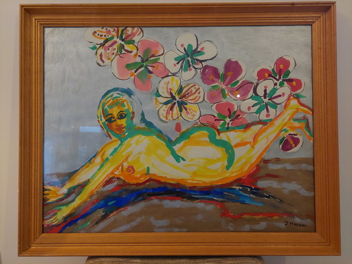 Hans Ittmann 'vrouwelijk naakt met bloemen' schilderij