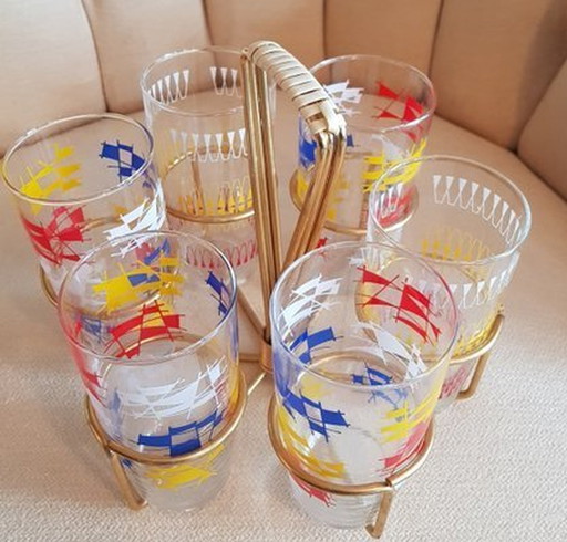 Drinkglazen set in messing houder, 1950S, set van 7