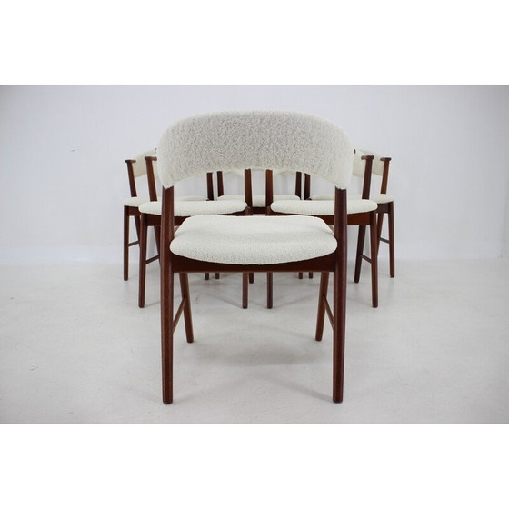 Image 1 of Set van 6 vintage model 32 eetkamerstoelen in schapenvacht en teak van Kai Kristiansen, Denemarken 1960
