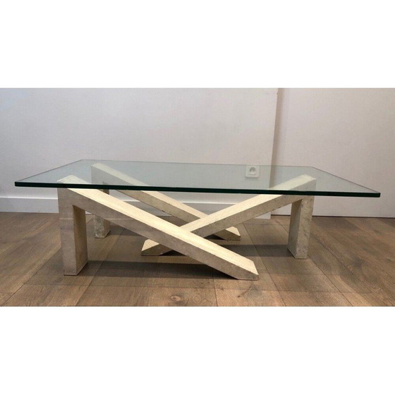 Image 1 of Marmeren salontafel met glazen blad, Frankrijk 1970