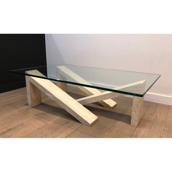 Image 1 of Marmeren salontafel met glazen blad, Frankrijk 1970