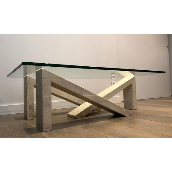 Image 1 of Marmeren salontafel met glazen blad, Frankrijk 1970