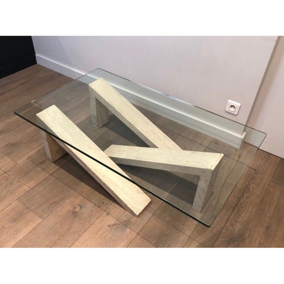 Image 1 of Marmeren salontafel met glazen blad, Frankrijk 1970