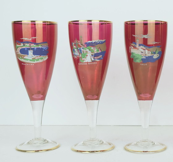 Image 1 of set van 6 souvenirglazen uit het midden van de eeuw met prachtige motieven uit het Gardameer jaren 1950-60