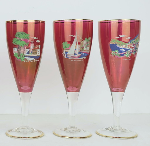 set van 6 souvenirglazen uit het midden van de eeuw met prachtige motieven uit het Gardameer jaren 1950-60