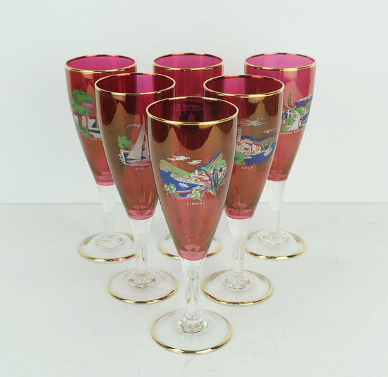 Image 1 of set van 6 souvenirglazen uit het midden van de eeuw met prachtige motieven uit het Gardameer jaren 1950-60