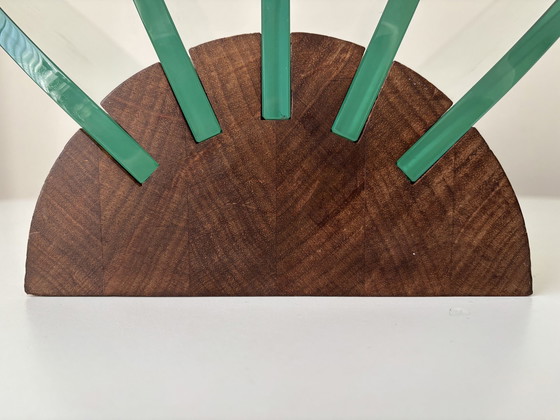 Image 1 of Post Moderne Glazen Magazine Houder/ Tijschriftenrek Met Houten Base. Memphis Stijl Jaren 80