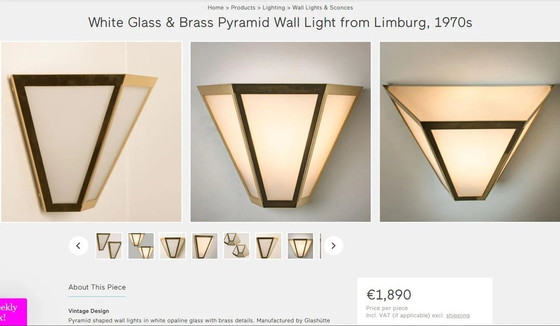 Image 1 of Wandlamp (1 Van 4), Art Deco, Mid Century Modern, Minimalistisch, Messing, Opaline Glas, Glashutte Limburg, Zeer Zeldzaam