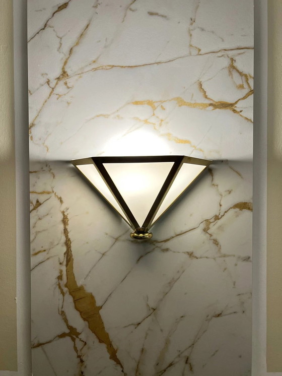 Image 1 of Wandlamp (1 Van 4), Art Deco, Mid Century Modern, Minimalistisch, Messing, Opaline Glas, Glashutte Limburg, Zeer Zeldzaam