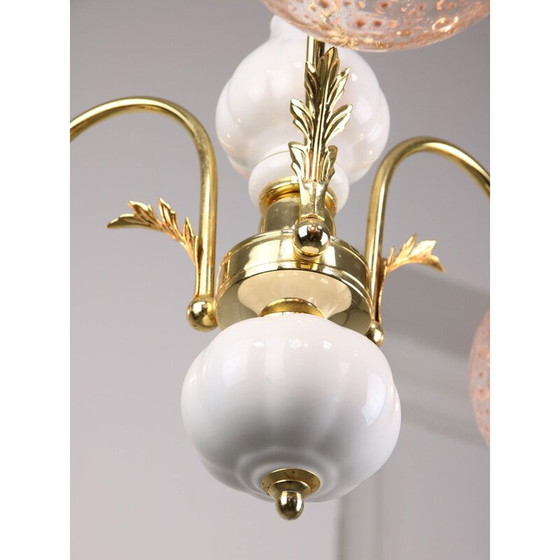 Image 1 of Vintage gouden kroonluchter van keramiek en glas, Italië