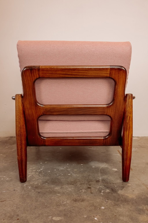 Vintage Teakhouten Jaren 60 Fauteuil - Nieuw Bekleed Lichtroze