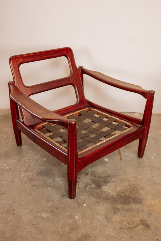 Image 1 of Vintage Teakhouten Jaren 60 Fauteuil - Nieuw Bekleed Lichtroze