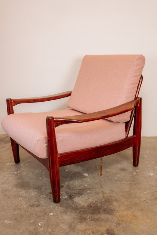 Vintage Teakhouten Jaren 60 Fauteuil - Nieuw Bekleed Lichtroze