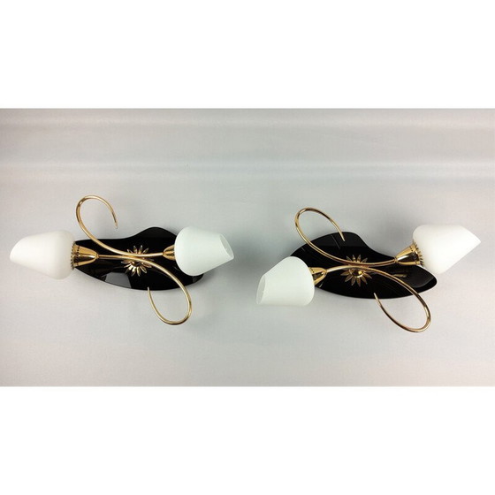 Image 1 of Paar Arlus vintage wandlampen, zwart opaline en messing, 1960