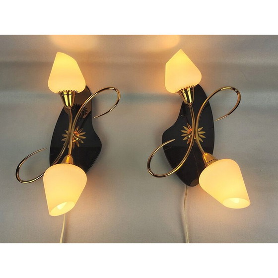 Image 1 of Paar Arlus vintage wandlampen, zwart opaline en messing, 1960