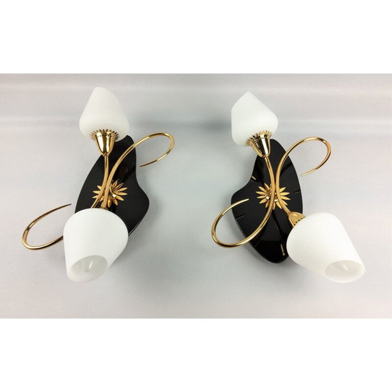 Image 1 of Paar Arlus vintage wandlampen, zwart opaline en messing, 1960