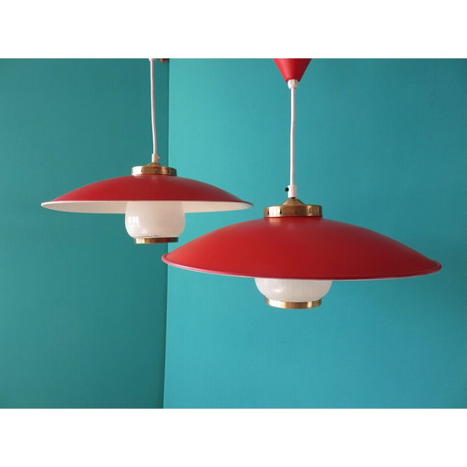 Vintage Deense rode metalen hanglamp, 1950