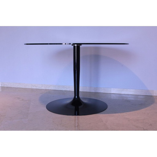 Vintage Ronde tafel in gespiegeld zwart glas Calligaris Italië 1980