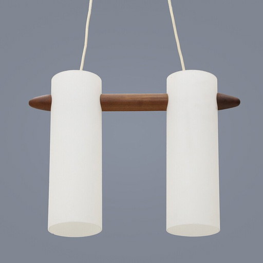 Vintage hanglamp in opaline glas en teakhout van Uno en Östen Kristiansson voor Luxus, Zweden 1960