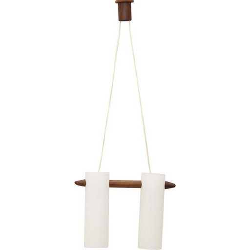 Vintage hanglamp in opaline glas en teakhout van Uno en Östen Kristiansson voor Luxus, Zweden 1960