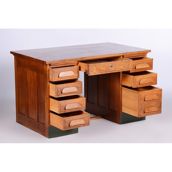 Image 1 of Vintage Art Deco massief eikenhouten bureau, jaren 1930